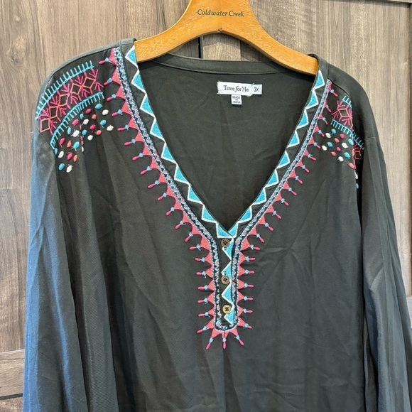 Time for Me 3X Tunic Embroidered Gray Long Bell Sleeves - Picture 6 of 12